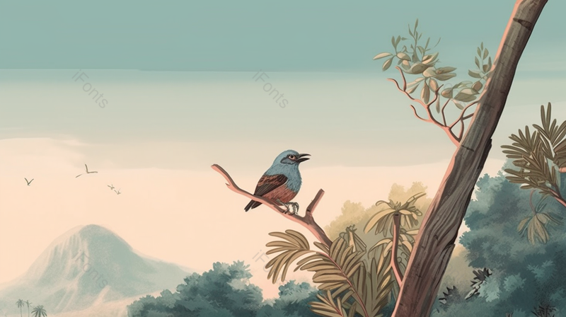 蓝色中国画鸟儿枝头啼鸣插画背景壁纸,插画/手绘图,插画/手绘图库,插画/手绘图下载,插画/手绘